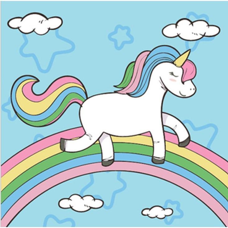 A paint by numbers image showing a cartoonish kids styled unicorn walking in a colorful rainbow with clouds