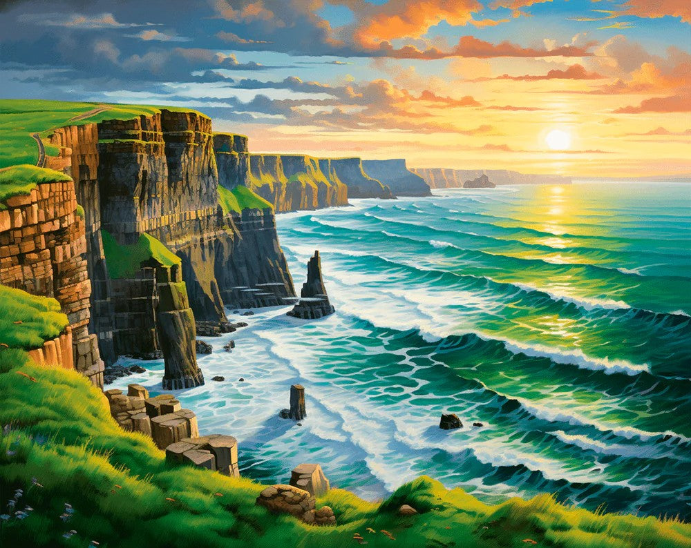 Paint By Numbers artwork of dramatic ocean cliffs at sunset, with crashing waves, rocky formations, and lush green grass along the coastline under a colorful sky.