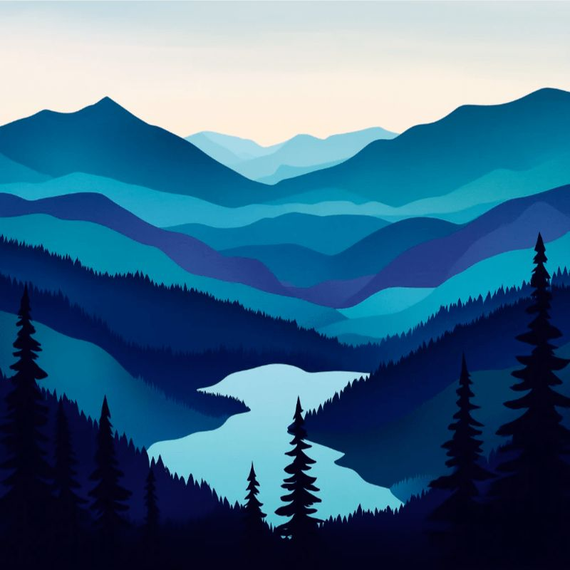 Minimalistic Paint By Numbers artwork of layered blue mountain ranges and a winding river, framed by pine tree silhouettes in the foreground under a soft sky.
