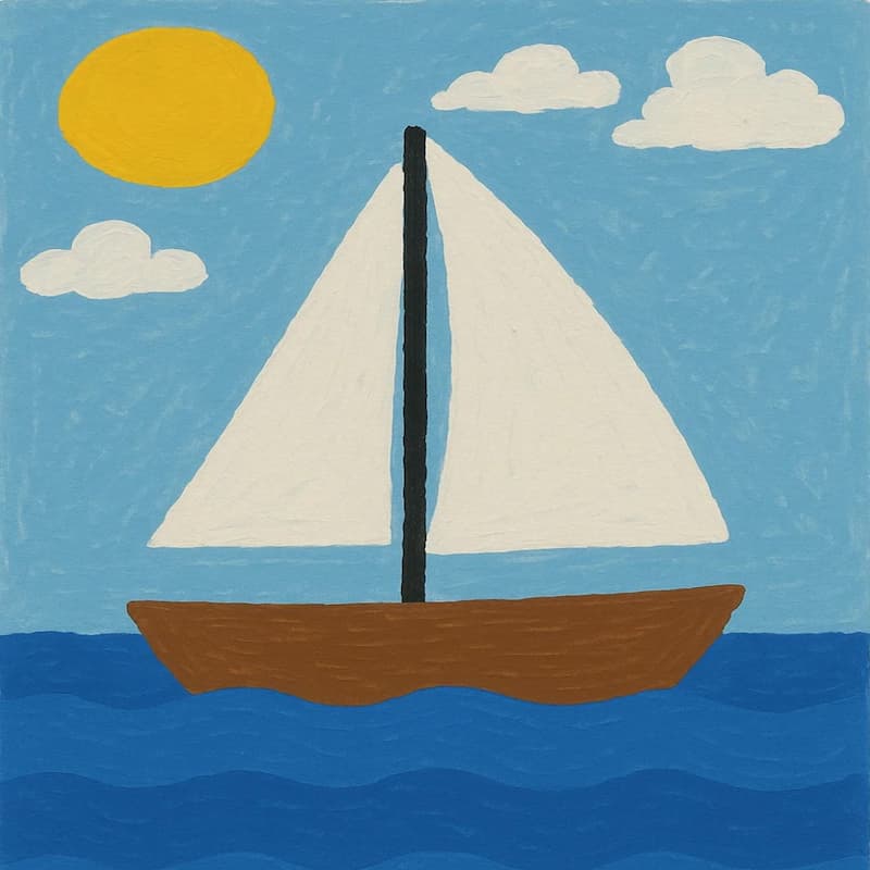 Sailboat on blue ocean waves under a sunny sky with white clouds.