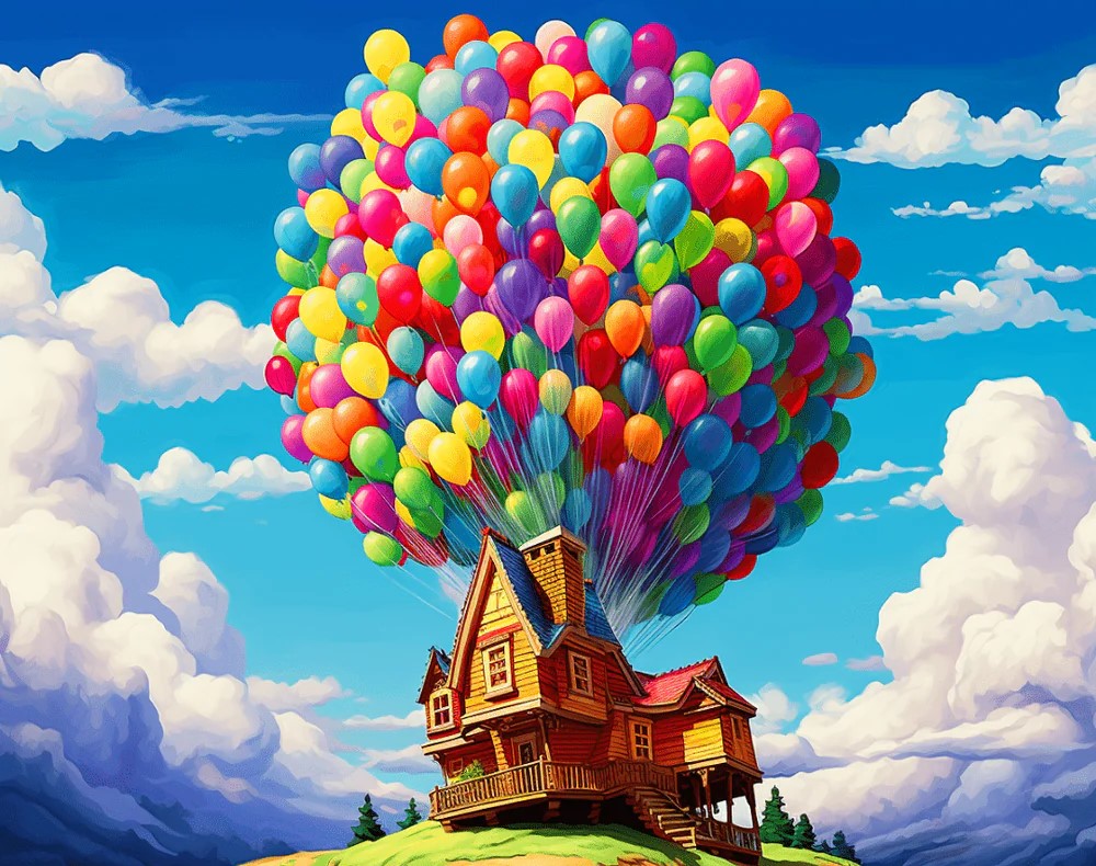 Vibrant Paint By Numbers artwork of a wooden house being lifted into the sky by hundreds of colorful balloons, set against a bright blue sky with fluffy clouds.