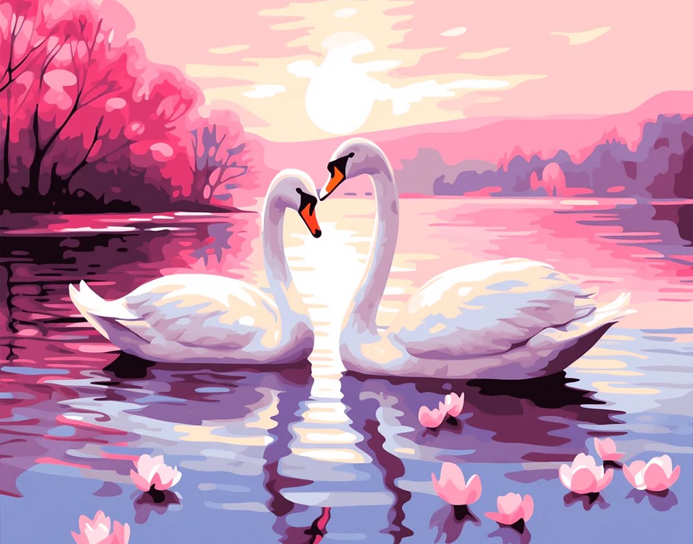 Paint By Numbers artwork of two white swans forming a heart shape with their necks on a serene lake at sunset, surrounded by pink water lilies and trees in soft romantic tones.