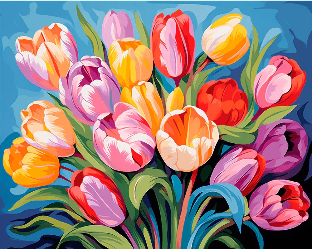 Paint By Numbers artwork of a vibrant bouquet of tulips in red, orange, yellow, pink, and purple, set against a bold blue background with green leaves.
