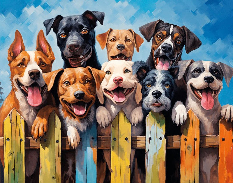Paint By Numbers artwork of eight happy dogs with their tongues out, peeking over a colorful wooden fence against a blue sky background.