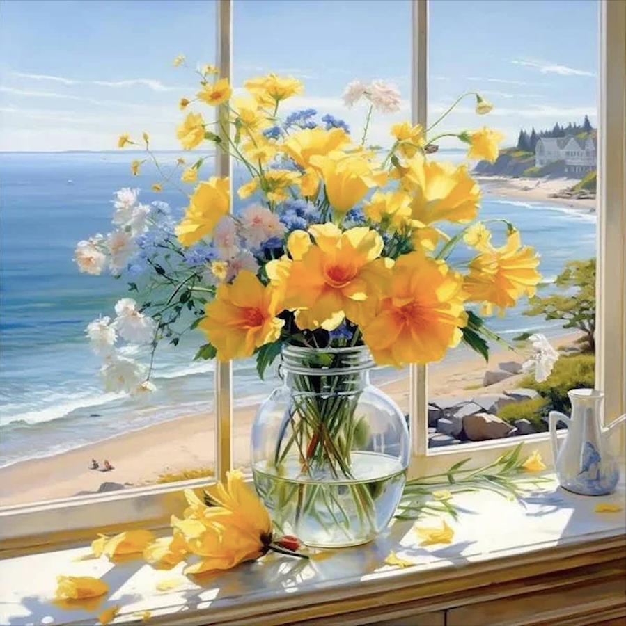 Paint By Numbers artwork of a clear glass vase filled with yellow and blue flowers on a windowsill, overlooking a bright coastal beach scene under a sunny sky.