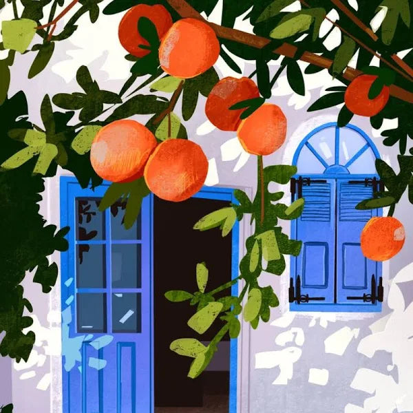 Paint By Numbers picture of blue window and door, with nearby hanging bright orange color oranges
