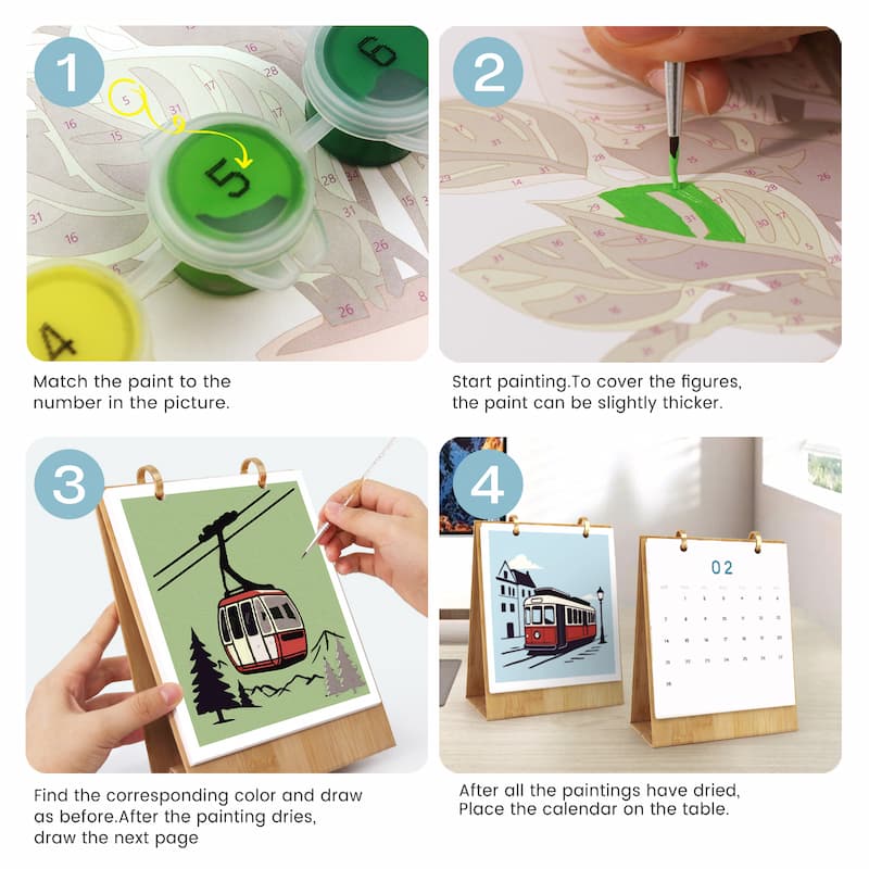 A four-step instructional collage showing how to use a wooden calendar painting kit. Step 1 shows paint pots and a printed canvas.