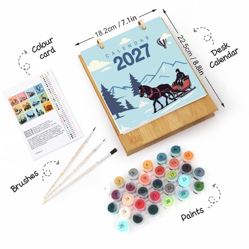 A desktop painting calendar kit for 2027, featuring a wooden-framed calendar with a winter mountain scene, surrounded by paint pots, two brushes, a color card, and dimension labels on a white background.