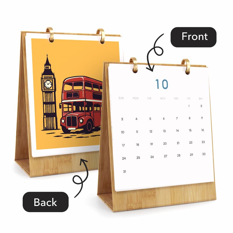 A bamboo desktop calendar shown from both front and back. The front view shows a white page with a monthly calendar grid and the number 10 in blue.