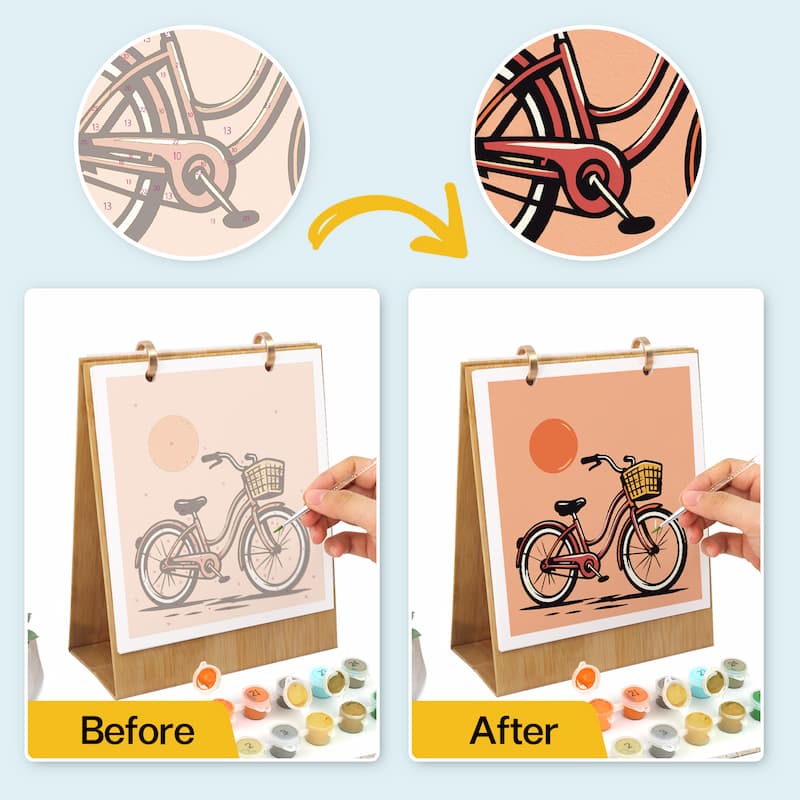A before-and-after comparison showing a bicycle art canvas kit. The top shows two circular close-ups of a bicycle illustration, with the left being a simple sketch and the right a detailed colored drawing.