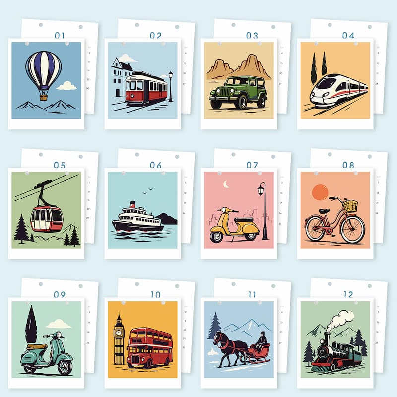 A set of 12 illustrated travel-themed cards arranged in a grid on a pale blue background. The cards show simple retro-style drawings of transportation and scenes: hot air balloon, tram, mountain truck, high-speed train, mountain car, bullet train, cable car, ferry, scooter, bicycle, motorcycle, London bus, horse-drawn carriage, and steam train.