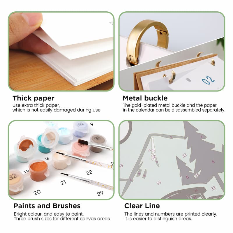 A four-panel product feature graphic for a paper calendar ring binder. The panels show a hand holding thick white paper, a gold metal ring buckle, paintbrushes and small paint pots, and a clear sample sheet with printed numbers and shapes.