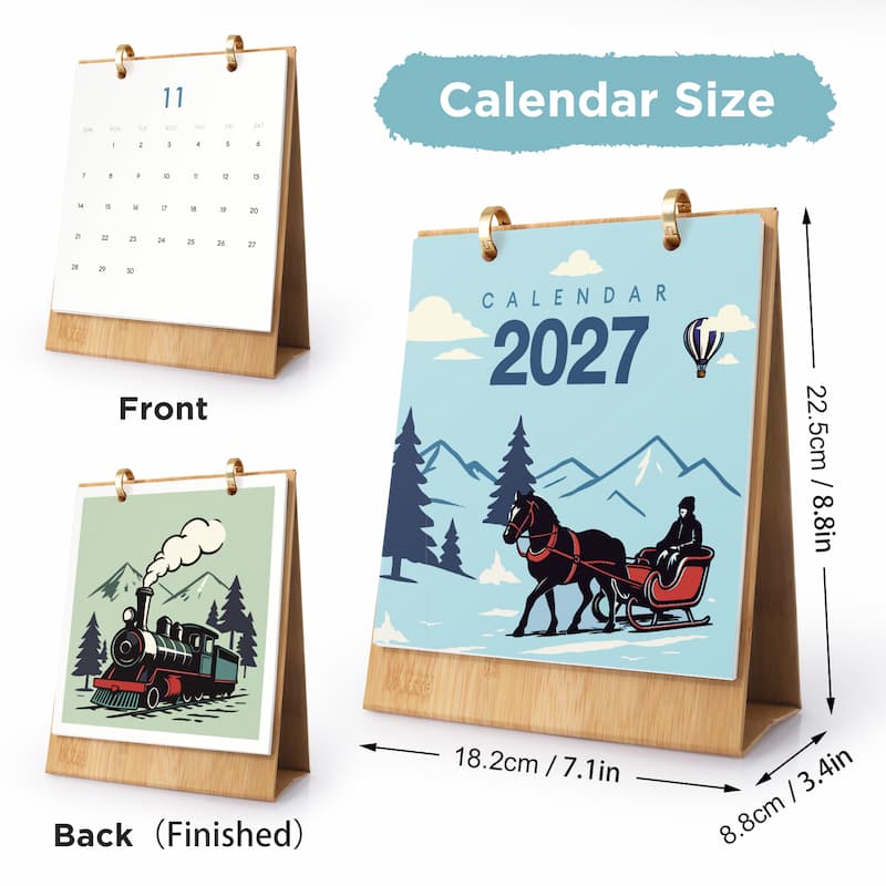 A desktop calendar shown in three views on a white background: the front page, the back with a printed holiday illustration, and a larger view with dimension arrows. The main calendar features a light blue winter scene with mountains, trees, a horse-drawn sleigh, and the year 2027.