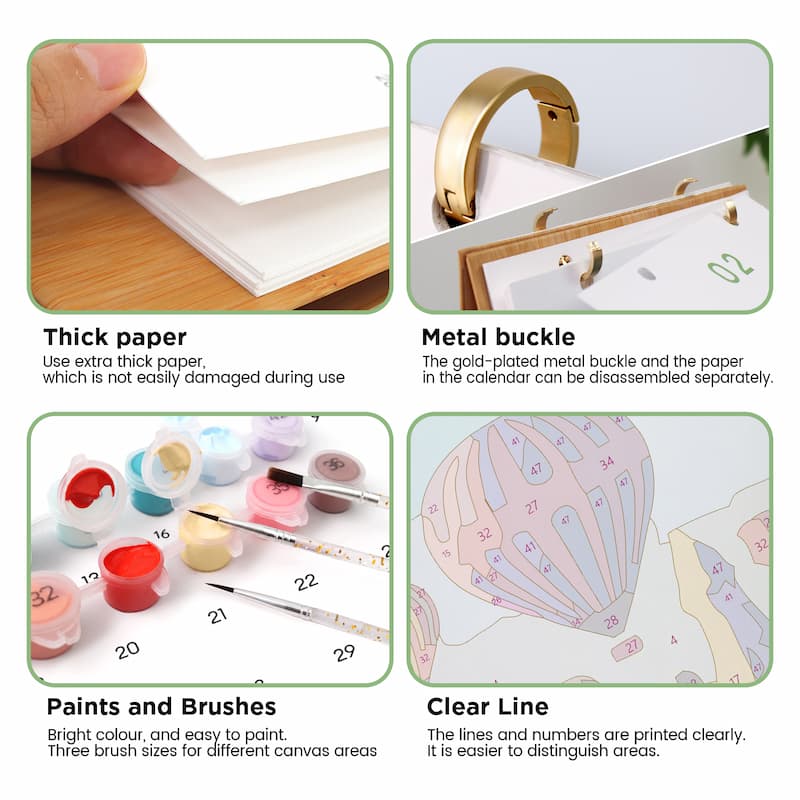 Four-panel product feature graphic for a canvas painting calendar. The top-left panel shows a hand holding thick white paper to demonstrate its durability.