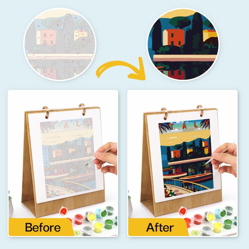 A before-and-after comparison showing a paint-by-numbers or painting activity kit. The top shows two circular close-ups of a cityscape artwork, with the left labeled 'Before' and the right labeled 'After'.