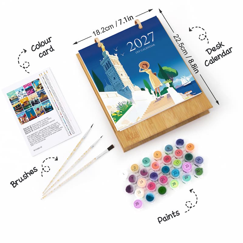 A desktop painting calendar set shown on a white background with dimension arrows and labels. The set includes a wooden-framed 2027 desk calendar with an illustrated cover, a color card sheet, three paintbrushes, and multiple small paint pots arranged below.