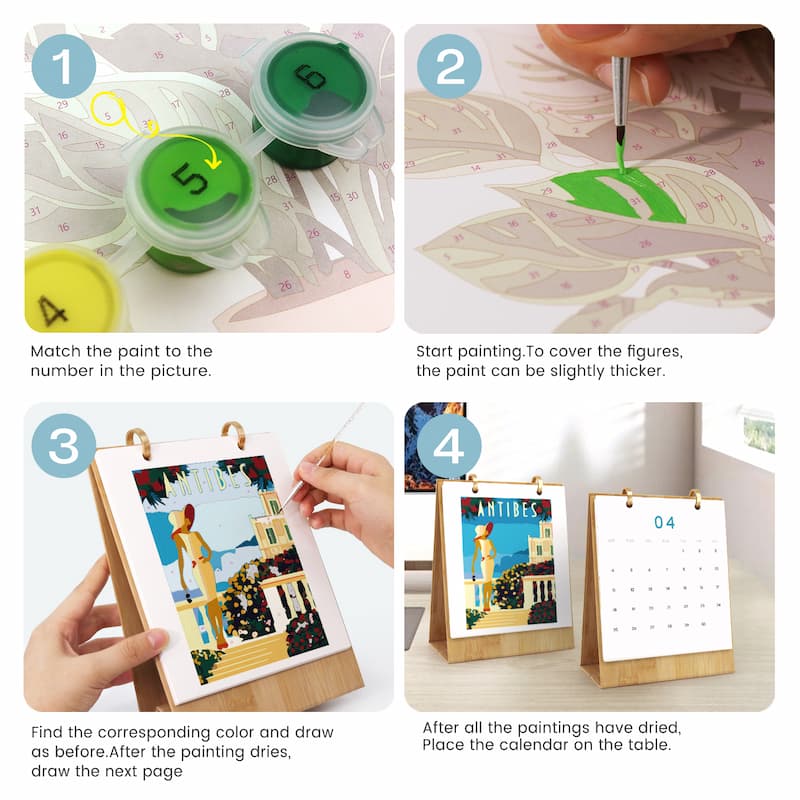 A four-step instructional collage showing how to use a canvas paint-by-numbers calendar. Step 1 shows paint pots and a numbered canvas.