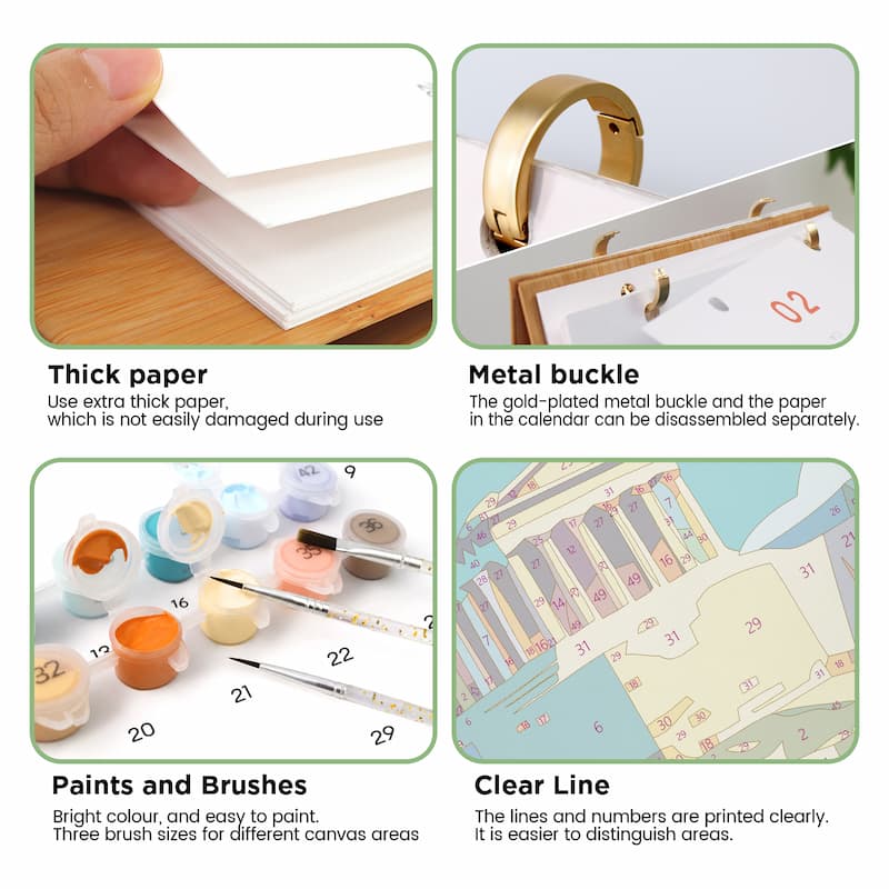 A four-panel product feature collage for a canvas art calendar. The top-left panel shows thick paper being folded, labeled 'Thick paper.