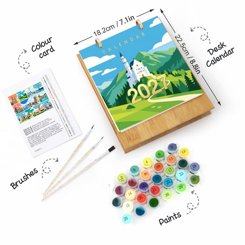 Paint-by-numbers desk calendar set with a 2027 illustrated calendar, a wooden easel, a color card, three paintbrushes, and 30 small paint pots arranged on a white background with measurement labels.