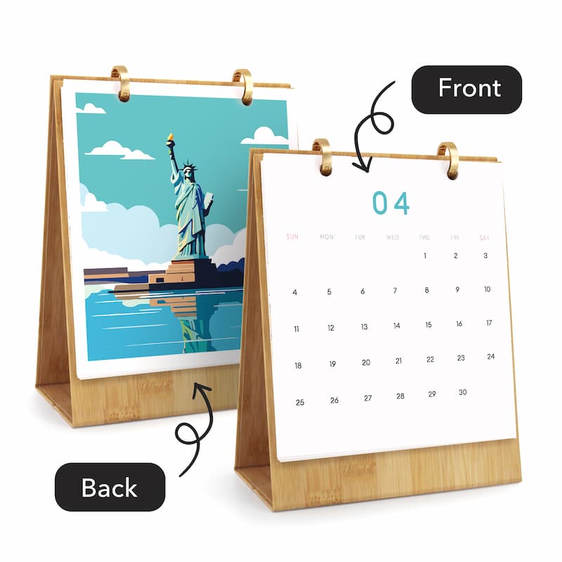 A bamboo desktop calendar shown from both front and back. The front view shows a white page with the date 04 and a weekly calendar layout, while the back view shows a colorful illustration of the Statue of Liberty on a blue sky and water background.