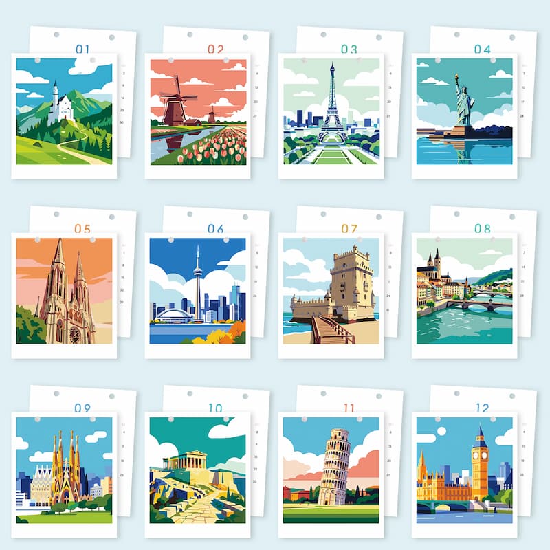 A set of 12 illustrated travel postcards featuring famous landmarks, arranged in a grid on a light blue background. The postcards include iconic scenes such as the Eiffel Tower, Statue of Liberty, Big Ben, Leaning Tower of Pisa, and the Colosseum, each with a different vibrant color palette.