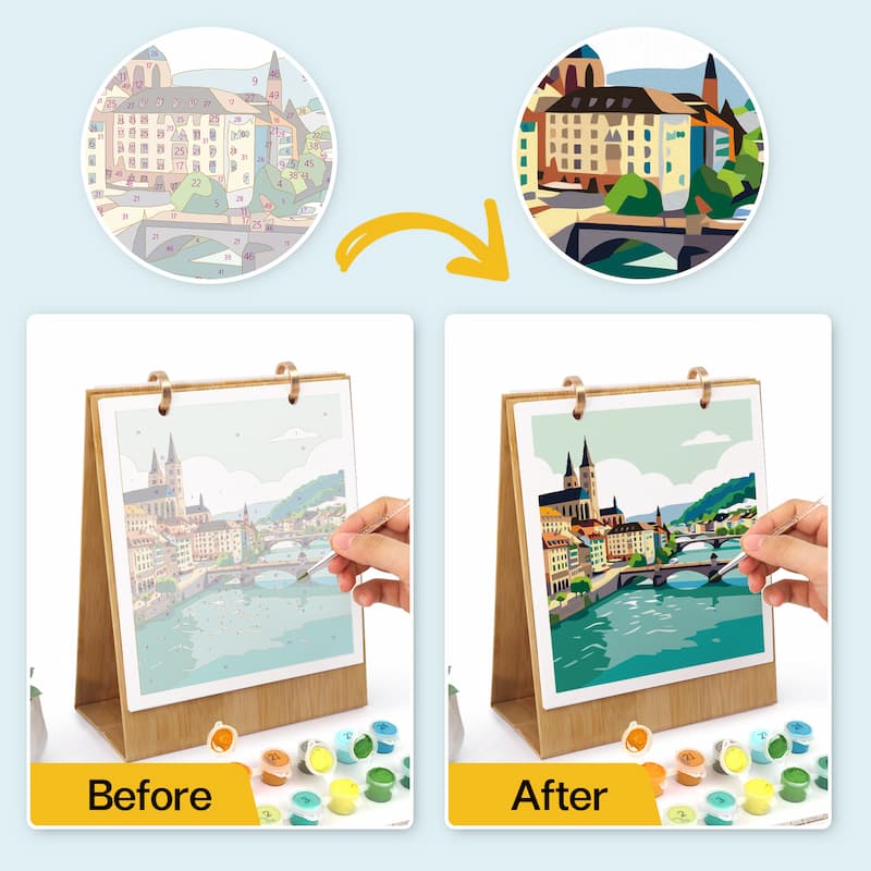 A before-and-after comparison showing a hand painting a cityscape scene on an easel. The top shows the uncolored artwork, the bottom shows the painted colorful version, with a yellow arrow between them.