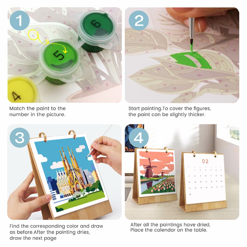 A four-step instructional collage showing how to paint and use a colorful calendar art kit. Step 1 shows paint pots and a printed template with matching number labels.