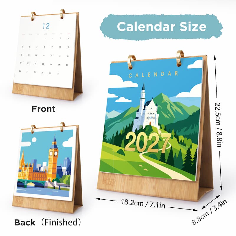A desktop calendar shown from front and back on a white background, with dimension arrows and labels indicating size. The front view shows a blank white page with a 12-day grid and the word '12'.