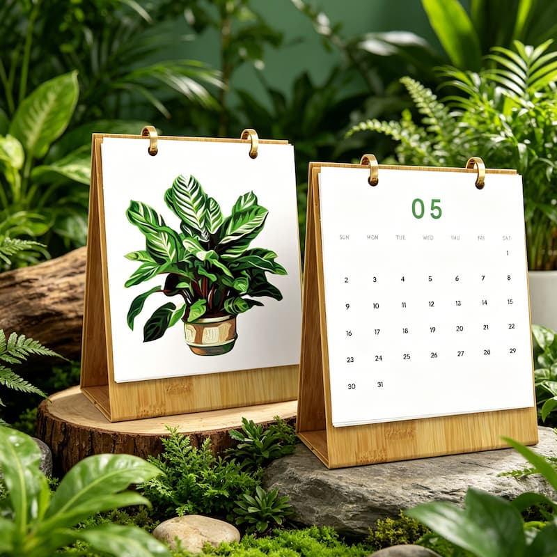 Two bamboo desktop calendar stands on a stone surface surrounded by lush green plants. One calendar shows a painted green plant in a pot, and the other shows the 5th of the month in a grid format.