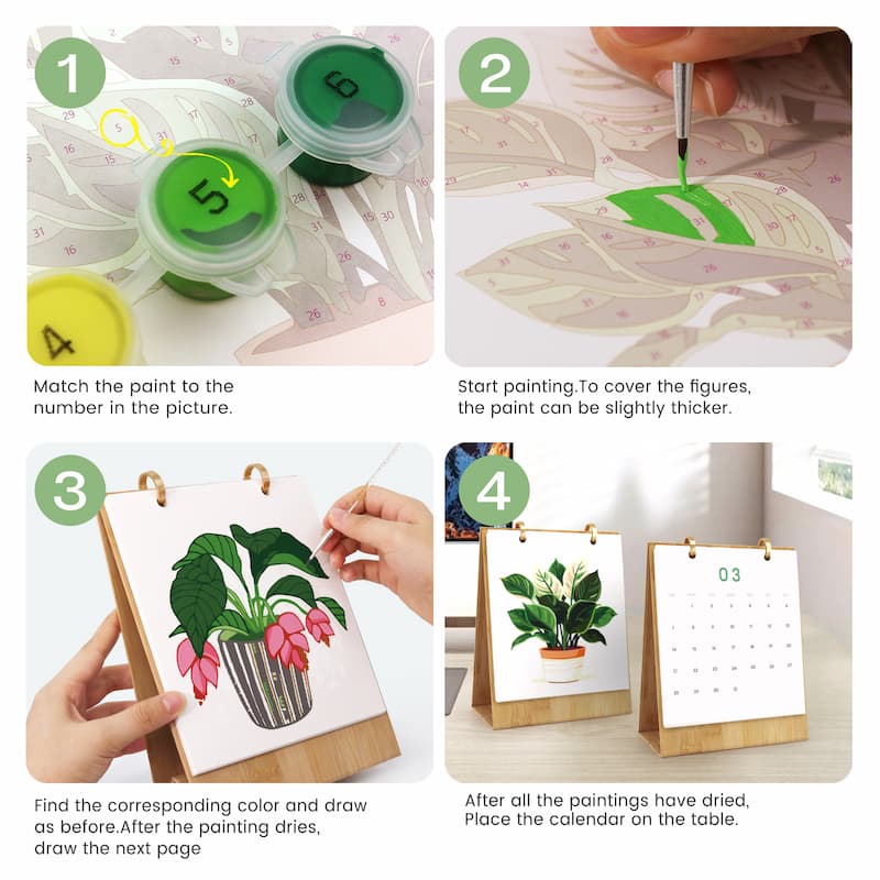 A four-step instructional collage showing how to paint and use a plant-themed calendar. Step 1 shows small paint pots and a printed template with matching numbers.