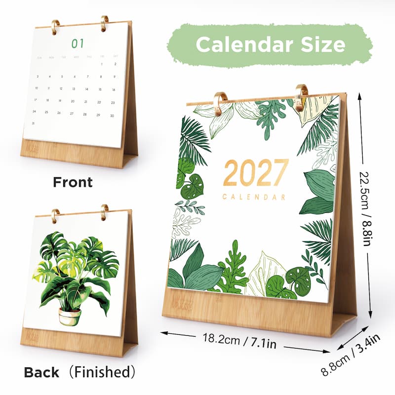 A desktop stand calendar shown in front and back views on a white background, with dimension labels indicating 22.5 cm height, 18.