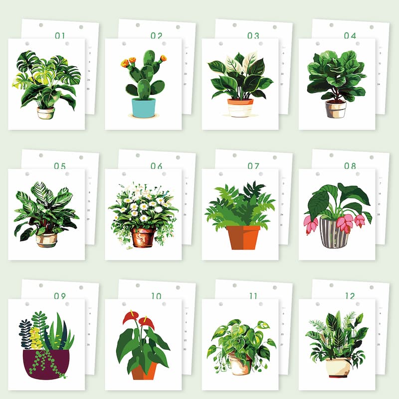 A set of 12 illustrated plant art cards arranged in a grid on a pale green background. Each white card shows a different potted houseplant in a simple watercolor style, with small numbers 01 through 12 printed above each card.