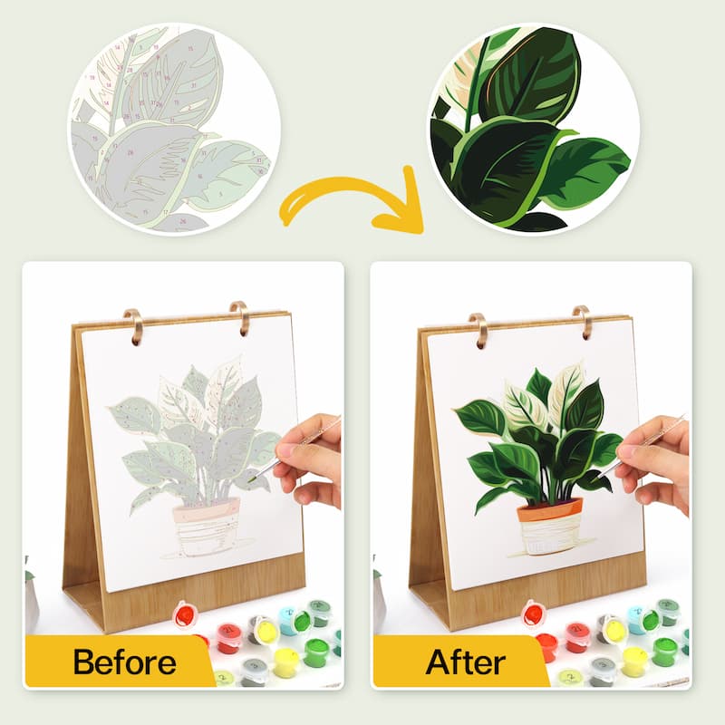 A before-and-after comparison showing a hand painting a houseplant on a small easel. The left panel labeled 'Before' shows a faint gray-green sketch, and the right panel labeled 'After' shows a detailed green leafy plant.