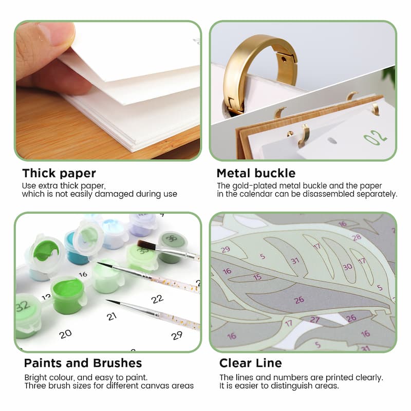 A four-panel product feature graphic for a canvas painting calendar. The top-left panel shows a hand holding thick white paper against a wooden surface, labeled 'Thick paper.