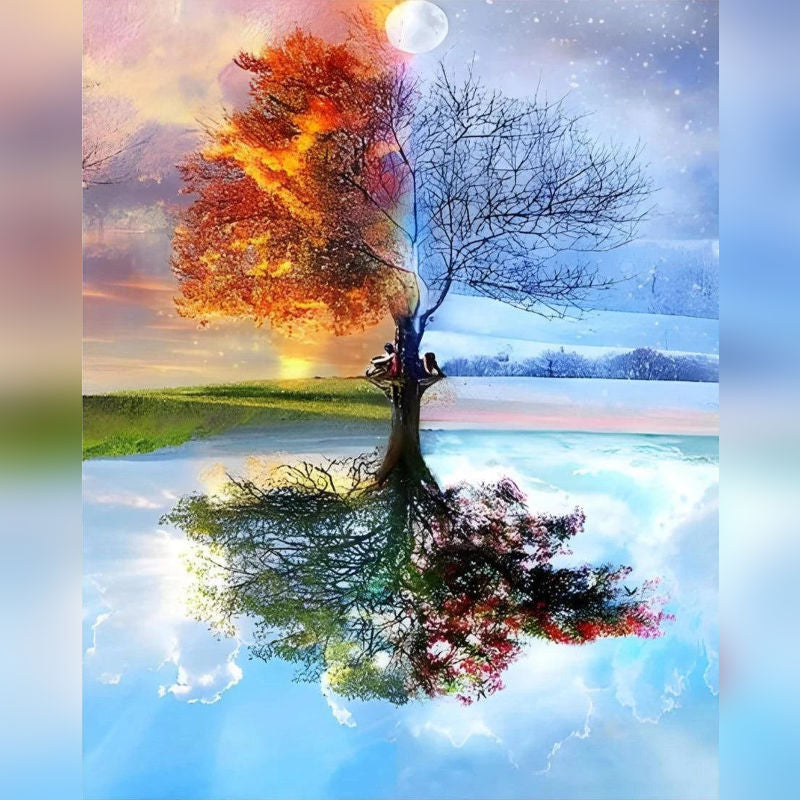 Tree showing all four seasons with mirrored reflection – 4 Seasons Paint By Numbers Kit Canada shown in a frame