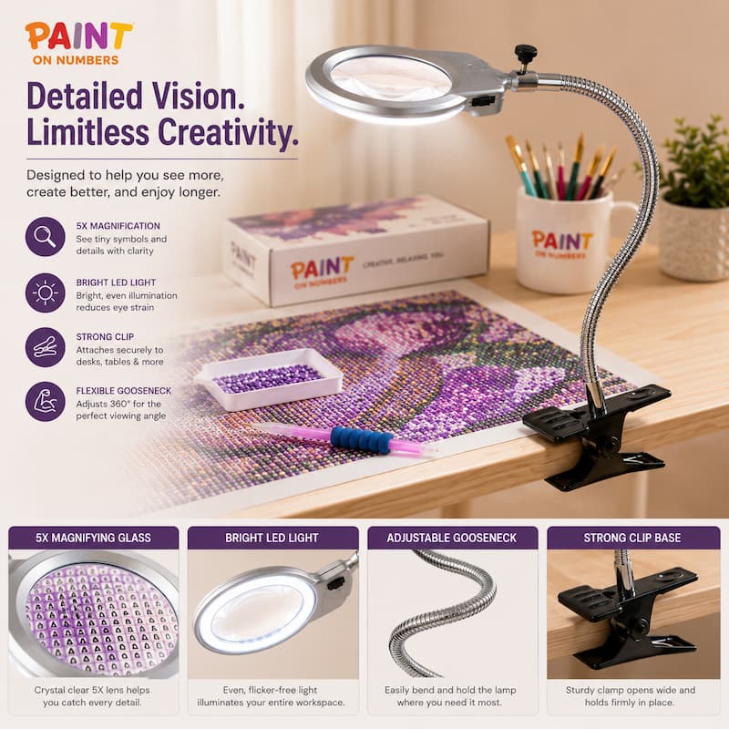A PAINT On Numbers 3X magnifying lamp with a bright LED light and flexible gooseneck, shown clipped to a desk in a workspace setting with a paint palette and paint box.