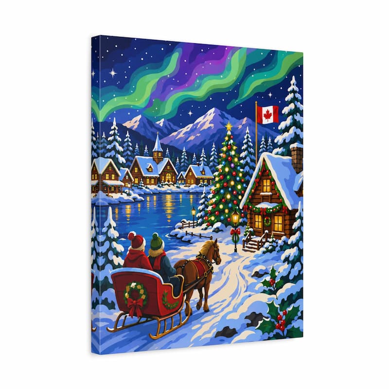 A square canvas print featuring a festive winter village scene under the northern lights, with snow-covered houses, a glowing Christmas tree, a horse-drawn sleigh carrying Santa and a child, and a Canadian flag on a pine tree. The canvas is shown at an angle against a plain white background.