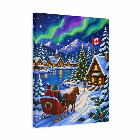 A square canvas print featuring a festive winter village scene under the northern lights, with snow-covered houses, a glowing Christmas tree, a horse-drawn sleigh carrying Santa and a child, and a Canadian flag on a pine tree. The canvas is shown at an angle against a plain white background.