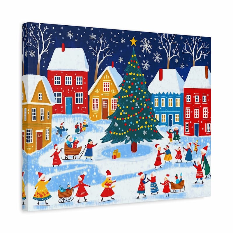 Christmas-themed canvas print with a snowy village scene, trees, and people.