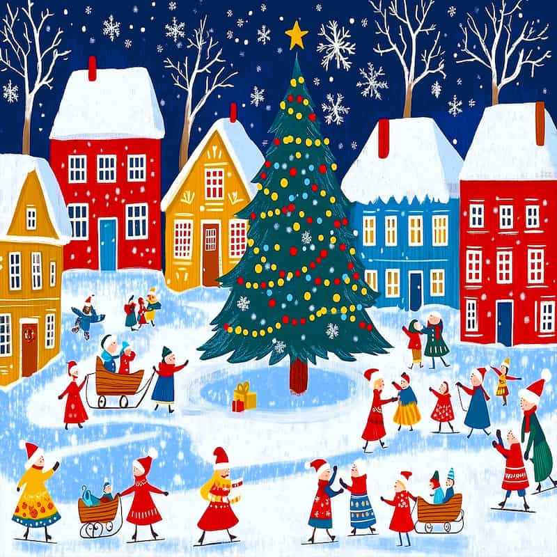Colorful winter scene with houses, a Christmas tree, and people celebrating.