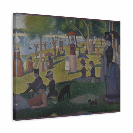 Famous painting of a park scene with people and umbrellas on a canvas.