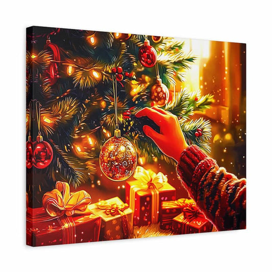 Decorative Christmas scene with a hand placing an ornament on a tree, surrounded by lights and presents.