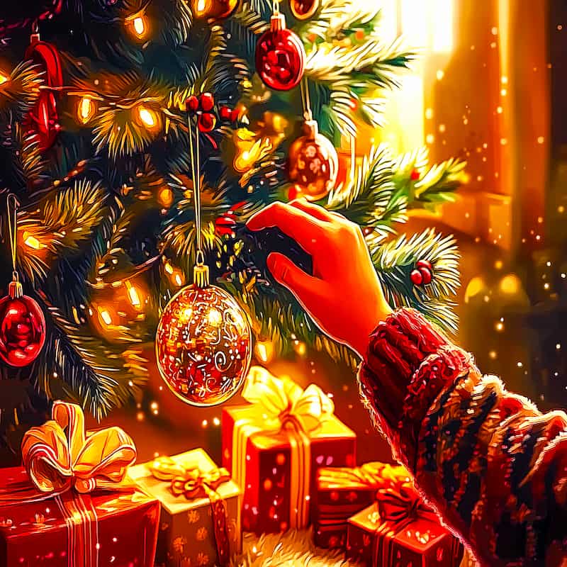 Hand in a red sweater reaching for a Christmas ornament on a decorated tree with presents underneath.