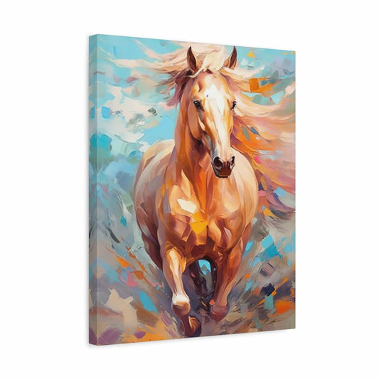 A square canvas wall art print featuring an expressive, painterly depiction of a light brown horse galloping forward against a soft blue and peach background.