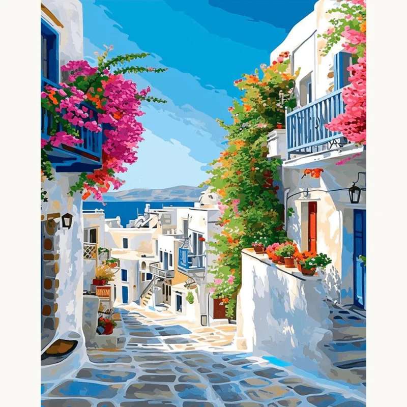 Aegean Stairway Paint By Numbers Kit featuring a scenic Greek alley with bright flowers and blue balconies