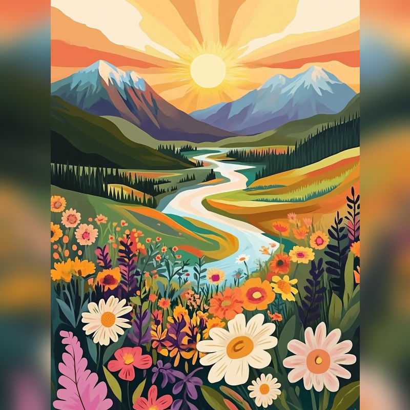 Colorful landscape painting of a sunrise over snow-capped mountains, with a winding river flowing through a vibrant flower-filled valley