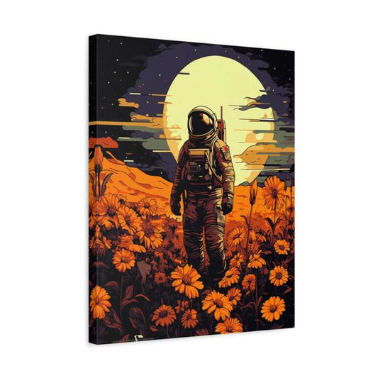 Astronaut’s Harvest Paint By Numbers artwork featuring an astronaut standing in a vibrant orange flower field with a glowing moon in the background in a frame
