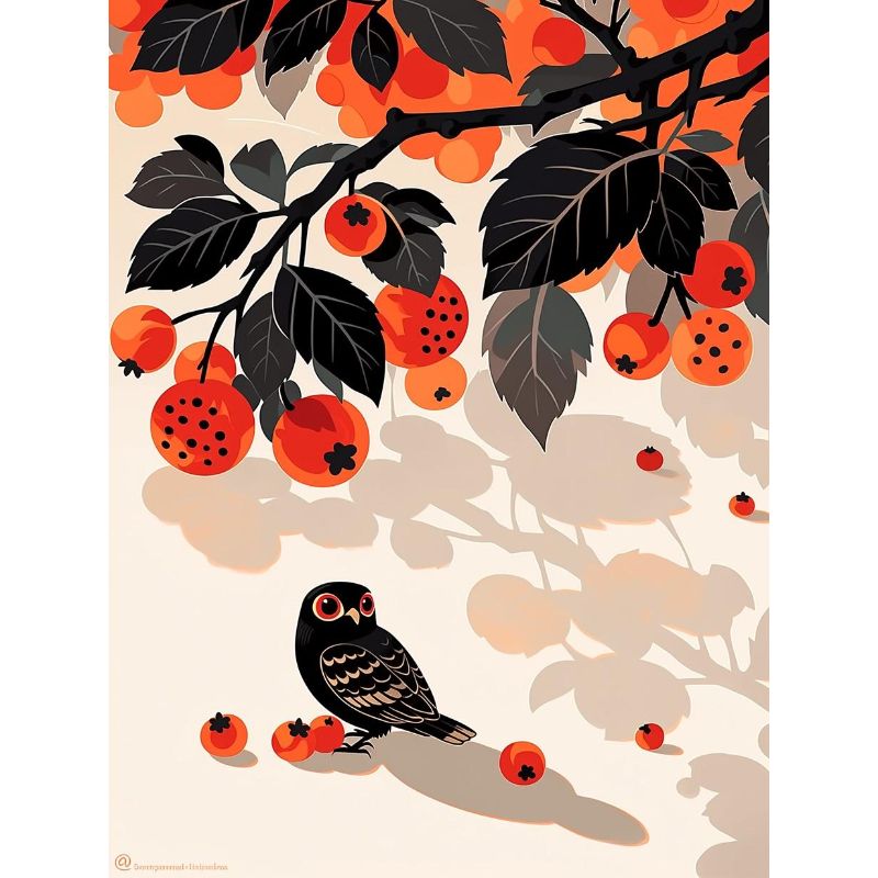 Illustration of a bird perched on a branch with red berries and black leaves.