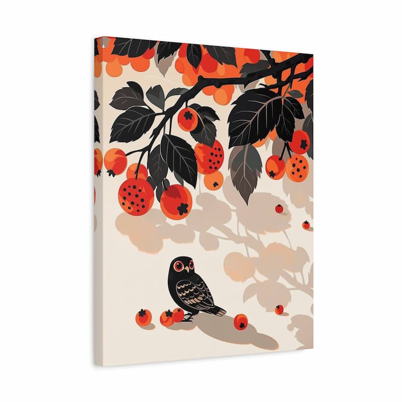 Canvas print with a bird and fruit design on a beige background