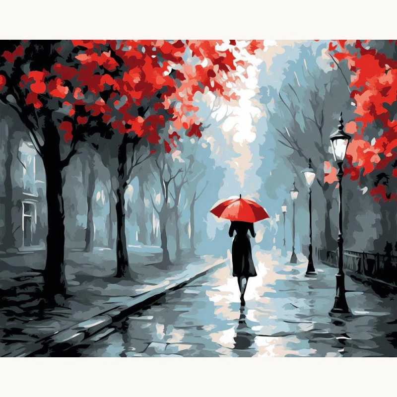 Autumn Embrace Paint By Numbers Kit featuring a colorful street scene with a girl holding a vibrant umbrella during the fall season, surrounded by autumn leaves and trees.